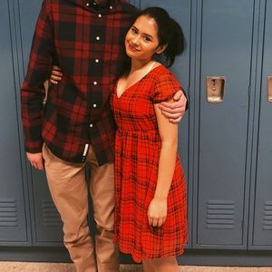 red & black plaid button down dress